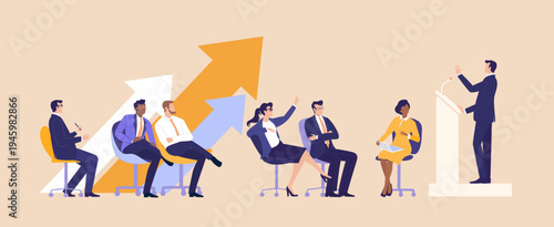 Businessman Speaking with Microphone at Conference. A businessman delivering a presentation with a microphone at a conference, symbolizing public speaking, leadership, corporate communication, profess