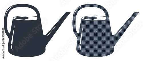 Two dark watering cans side by side against a white background