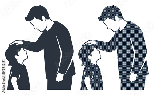 Caring adult gently placing hand on child's head, offering support and love.