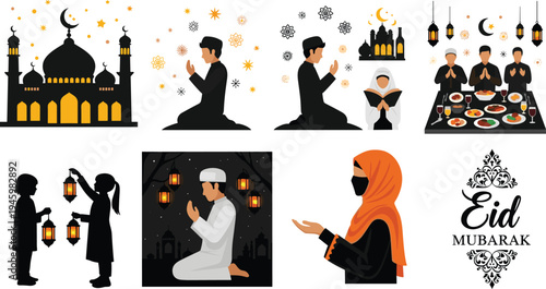 Ramadan and Eid Mubarak illustration collection, Muslim prayer, mosque, lantern, family iftar dinner, Islamic festival vector design set