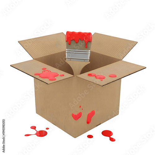 Open cardboard box with a red gift inside and scattered red paper pieces