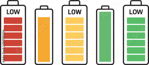 Battery level indicators. Colorful battery charge level icons. Battery power level pictograms in outline style. Vector