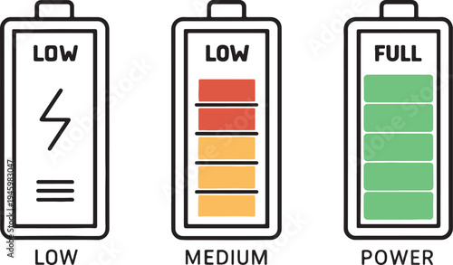 Battery level indicators. Colorful battery charge level icons. Battery power level pictograms in outline style. Vector