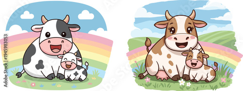 Cartoon cow family, cute calf illustration, pastoral animal scene, rainbow sky background, smiling cows artwork, children’s farm design, colorful nature image