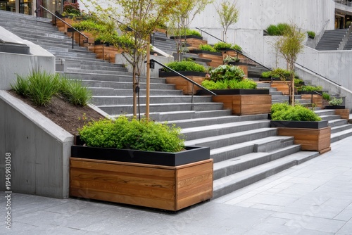 Modern outdoor staircase and planter with clean lines, green accents and wooden steps, illustrating urban design and functional architecture.