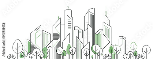 Sustainable urban landscape with green buildings and bicycles