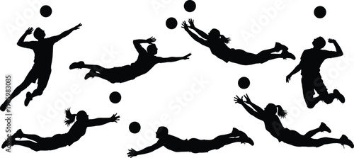 Volleyball Player Diving Silhouette Set – Volleyball Action Vector Illustration