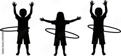 Kids playing hula hoop silhouette set, children fitness activity vector illustration, playful child exercise movement isolated design collection
