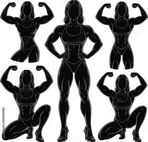 Female Bodybuilder Silhouette Vector Set, Muscular Woman Fitness Poses, Athletic Female Silhouettes for Gym Logo and Sport Graphic Design