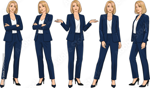 Vector illustration set of a professional blonde businesswoman wearing a navy blue suit and high heels in various standing poses and office gestures.