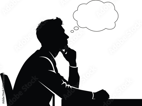 Silhouette of a man in a suit deep in thought with a speech bubble