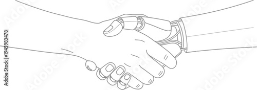 Human and robot shaking hands in a symbolic gesture of partnership