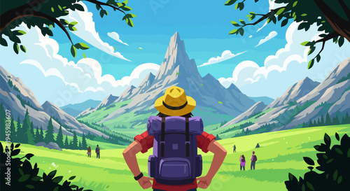 Vector illustration of a hiker in a mountain landscape