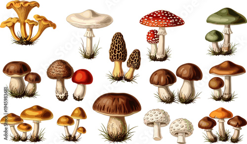 Wild forest mushrooms collection illustration, edible and poisonous fungi set, botanical nature vector, mushroom species clipart isolated design