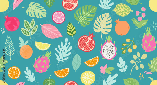 Set of colorful tropical fruit and leaves vector illustration
