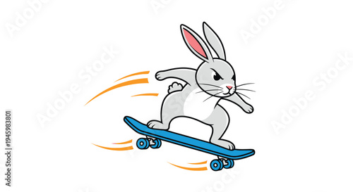 Cartoon rabbit riding blue skateboard with motion lines