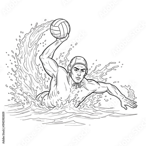 Water Polo Player Illustration Splashing Ball in Swimming Pool

