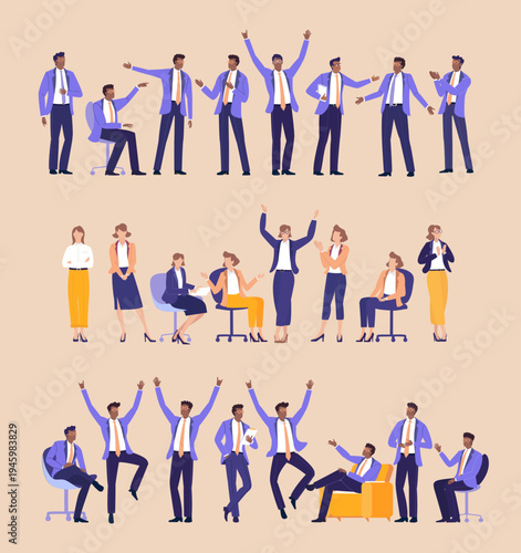 Vector illustration set of businessman and businesswoman in various poses, representing professional roles, communication, leadership, presentation, teamwork, confidence, and modern corporate lifestyl