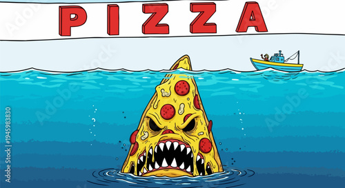 Vector illustration of angry pizza shark with boat