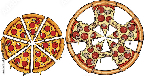 Set of 2 pepperoni pizza illustrations vector