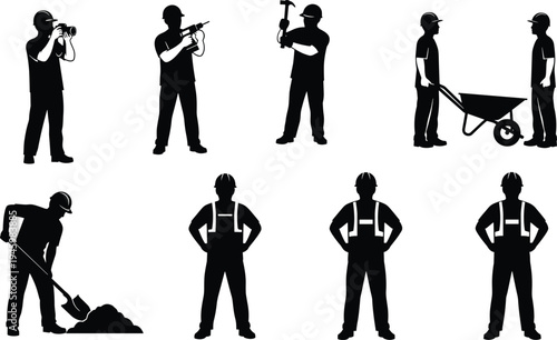Construction worker silhouette set with industrial builders engineers and laborers using tools hammer drill shovel wheelbarrow and camera on white background