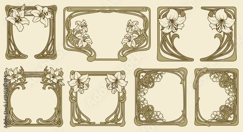 Art Nouveau Whiplash Floral Frames and Belle Epoque Gold Vector Borders