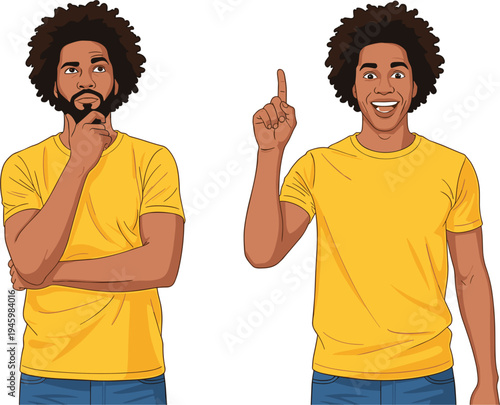 Vector illustration set of a young black man with afro hair in yellow t-shirt thinking and having a great idea with finger pointing up.
