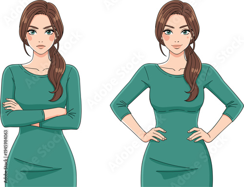 Vector illustration set of a confident beautiful young woman with brown hair wearing green dress posing with arms crossed and hands on hips.