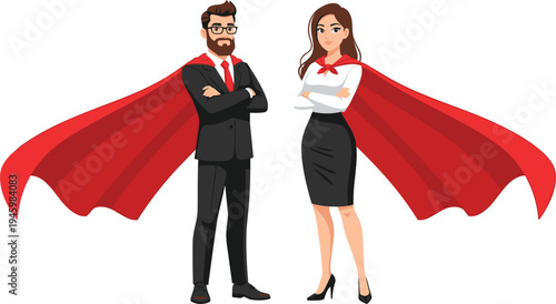 Professional businessman and businesswoman standing confidently with red superhero capes for leadership, career success, and corporate power concept, flat vector illustration isolated on white.