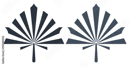 Two stylized dark blue fan palm leaves facing each other, creating a symmetrical design.