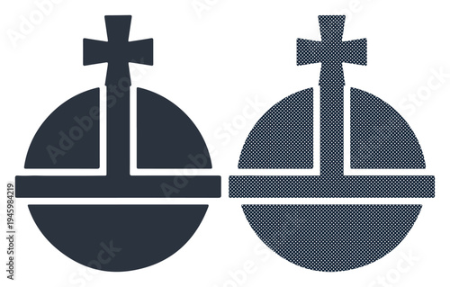 Two stylized globes with crosses represent global power and authority.