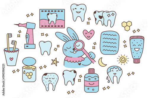 Pediatric dentistry color vector doodle set. Retro kid dental sign collection, child stomatology isolated symbols