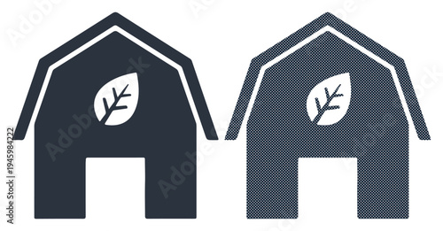Two stylized barns with leaf icons symbolize eco-friendly agriculture and sustainability.