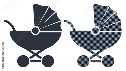 Two simple dark blue baby strollers side by side, representing new life and family