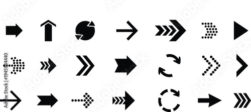 Collection of various black arrow icons on white background