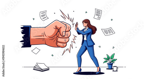 Businesswoman defending against aggressive hand with papers.