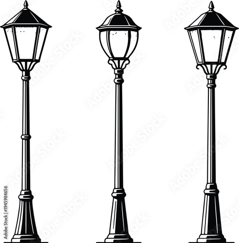 Three vintage-style street lamps aligned in a row on a plain background Vector