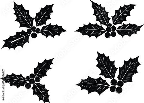 Hand Drawn Black Silhouette Holly Berry Leaves Set for Christmas Winter Holiday Decorative Design Elements Isolated on White Background Vector Illustration