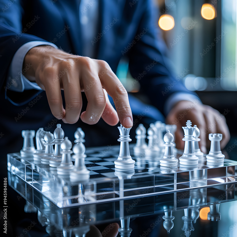 © Nimra - 'Executive Strategic Play: Hands Moving Glass Chess Pieces on Reflective Board Symbolizing Corporate Strategy, Leadership Decisions and Competitive Tactics'