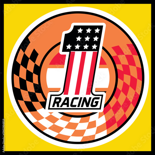 Set of open-wheel racing elements including helmet, red sports car, racing car, wheel, checkered flag, track, and traffic light. Motorsport accessories in vector illustration style
