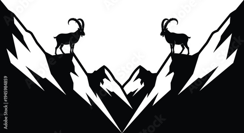 Mountain ibex silhouette on rocky peak with alpine range landscape vector illustration for outdoor adventure climbing and wildlife nature conservation