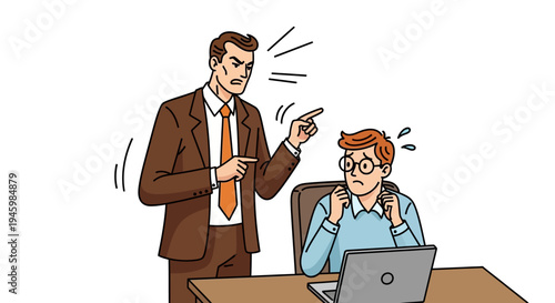 Angry boss scolding stressed employee at desk.