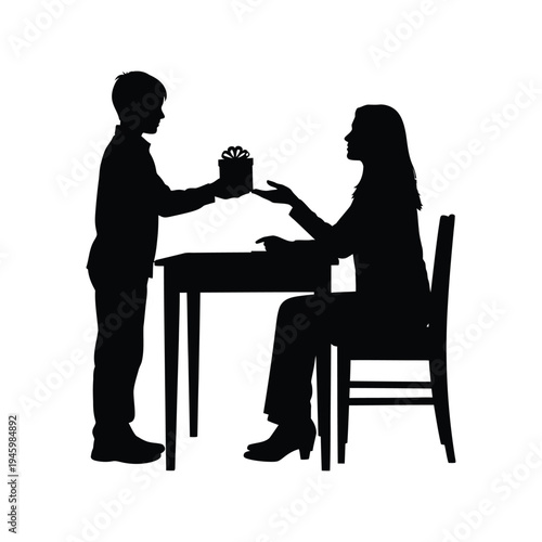 Young boy gives gift to woman sitting at table, vector illustration, happy occasion