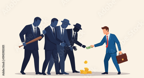 Businessman exchanging money with mafia members.