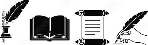 Set of vintage writing icons including quill pen inkwell open book and paper scroll isolated on white background vector illustration
