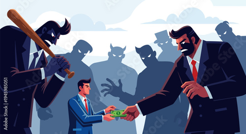 Illustration of corrupt business deal with money and threats.