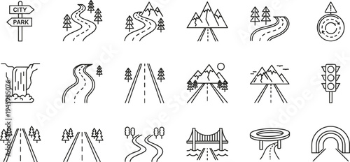Road infrastructure outline icon set featuring winding highways, mountain passes, bridges, tunnels, traffic signals, waterfalls, and park direction sign symbols.