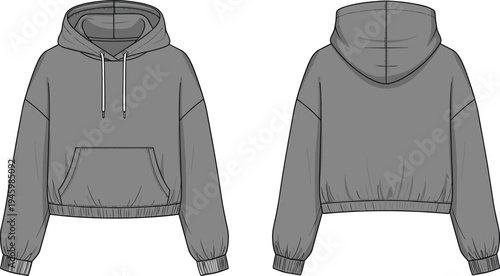 Technical Sketch of Gray Cropped Hoodie with Oversized Fit, Dropped Shoulders, Elastic Waistband, and Kangaroo Pocket Seen from Front and Back (21 words)