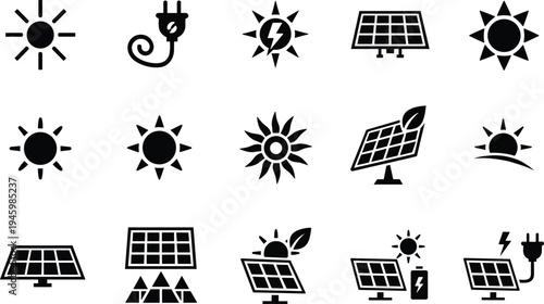 Solar energy icon set featuring sun symbols, solar panels, green energy leaves, electric plugs, and sustainable renewable power generation elements.