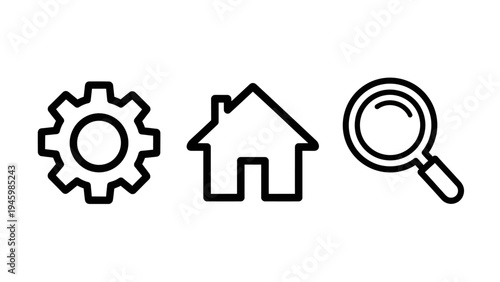 Essential interface icons: settings, home, and search functionality for websites and apps